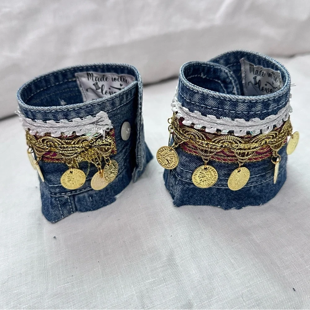 RUBYRUDI Artisan Denim Cuff Bracelet Set Shabby Chic Tattered Raw Edge Signed